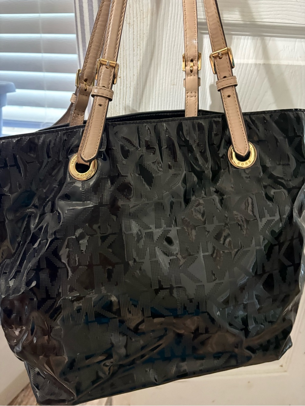 Michael Kors Black Patent Logo Tote with Tan Handles